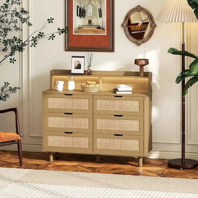 Cassettiera 6 cassetti in Rattan Naturale/Bianco/Nero con LED e Presa di Corrente, Singola