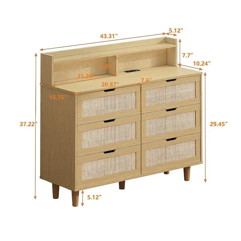 Cassettiera 6 cassetti in Rattan Naturale/Bianco/Nero con LED e Presa di Corrente, Singola