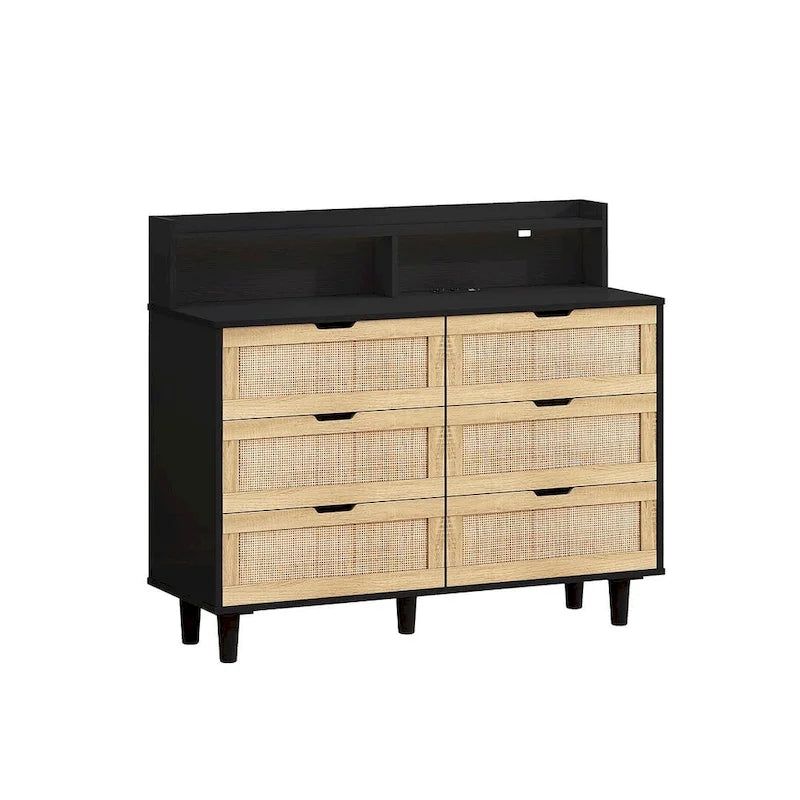 Cassettiera 6 cassetti in Rattan Naturale/Bianco/Nero con LED e Presa di Corrente, Singola