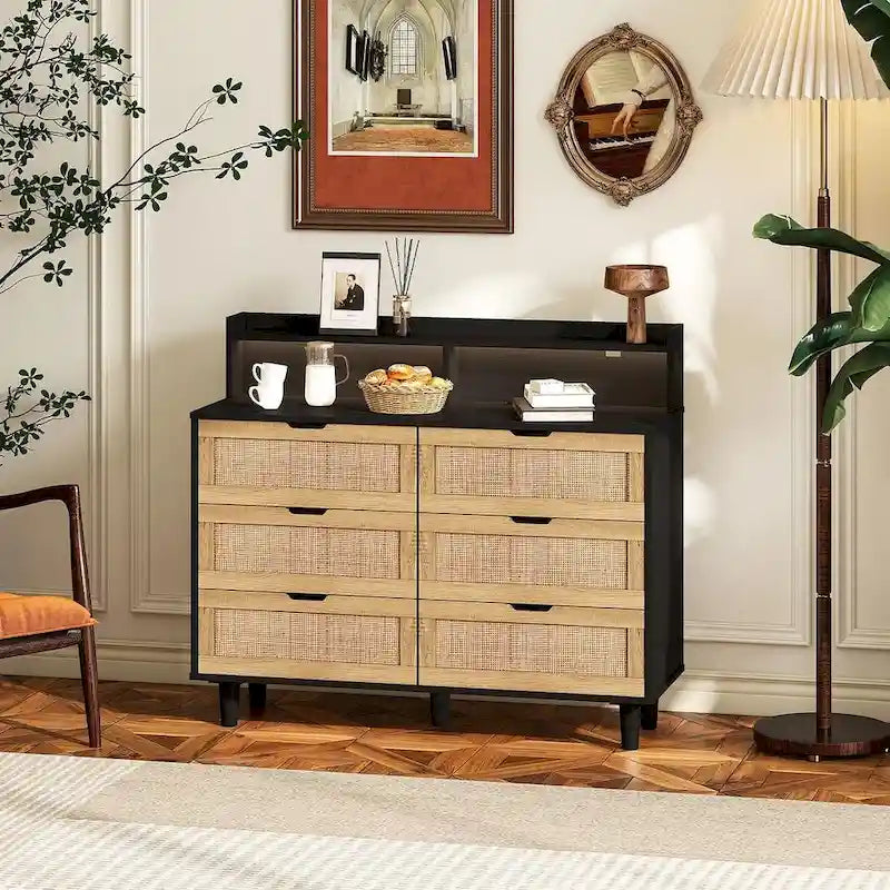 Cassettiera 6 cassetti in Rattan Naturale/Bianco/Nero con LED e Presa di Corrente, Singola