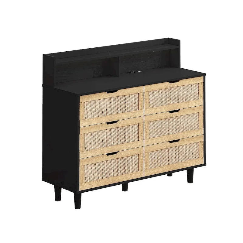 Cassettiera 6 cassetti in Rattan Naturale/Bianco/Nero con LED e Presa di Corrente, Singola
