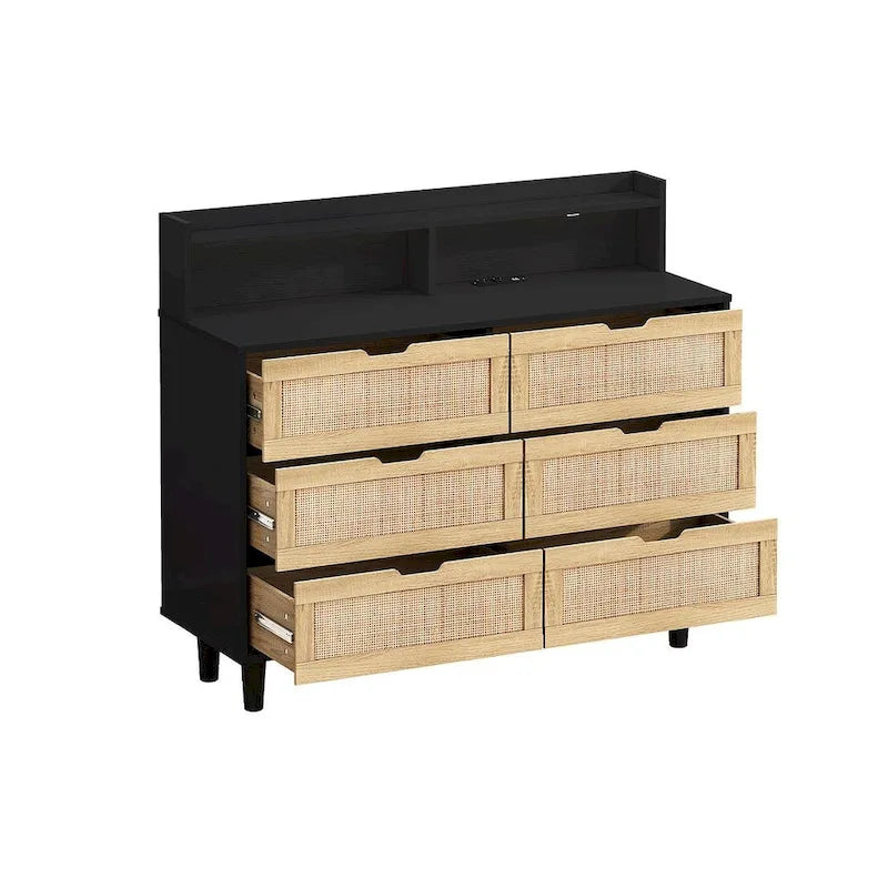Cassettiera 6 cassetti in Rattan Naturale/Bianco/Nero con LED e Presa di Corrente, Singola
