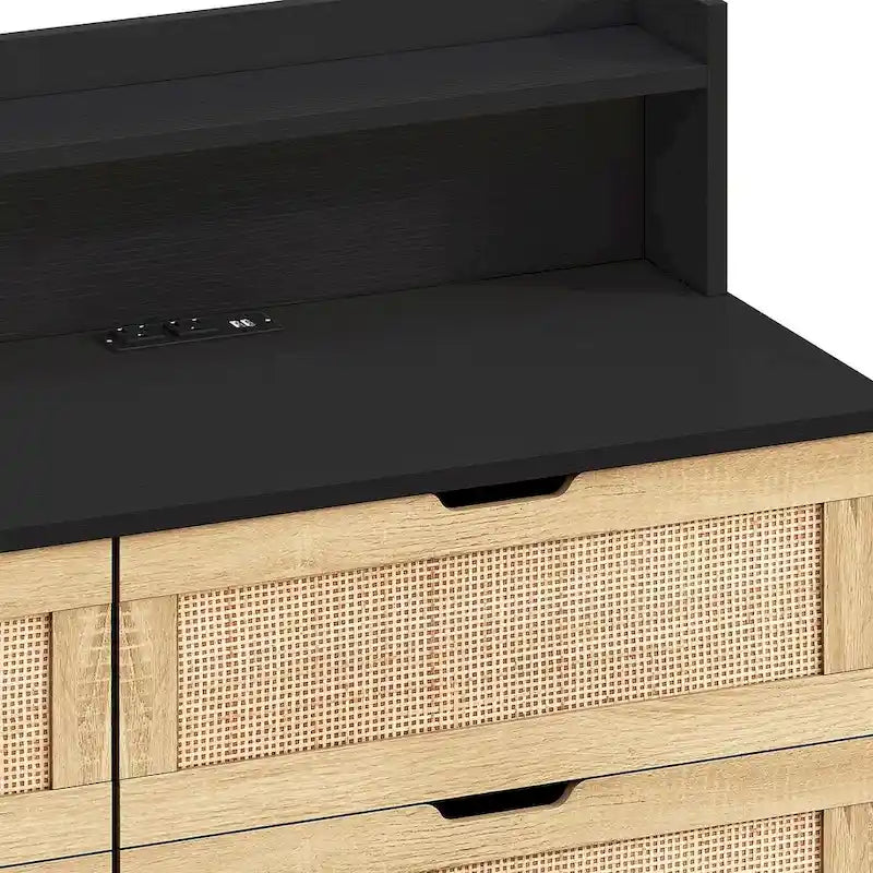 Cassettiera 6 cassetti in Rattan Naturale/Bianco/Nero con LED e Presa di Corrente, Singola
