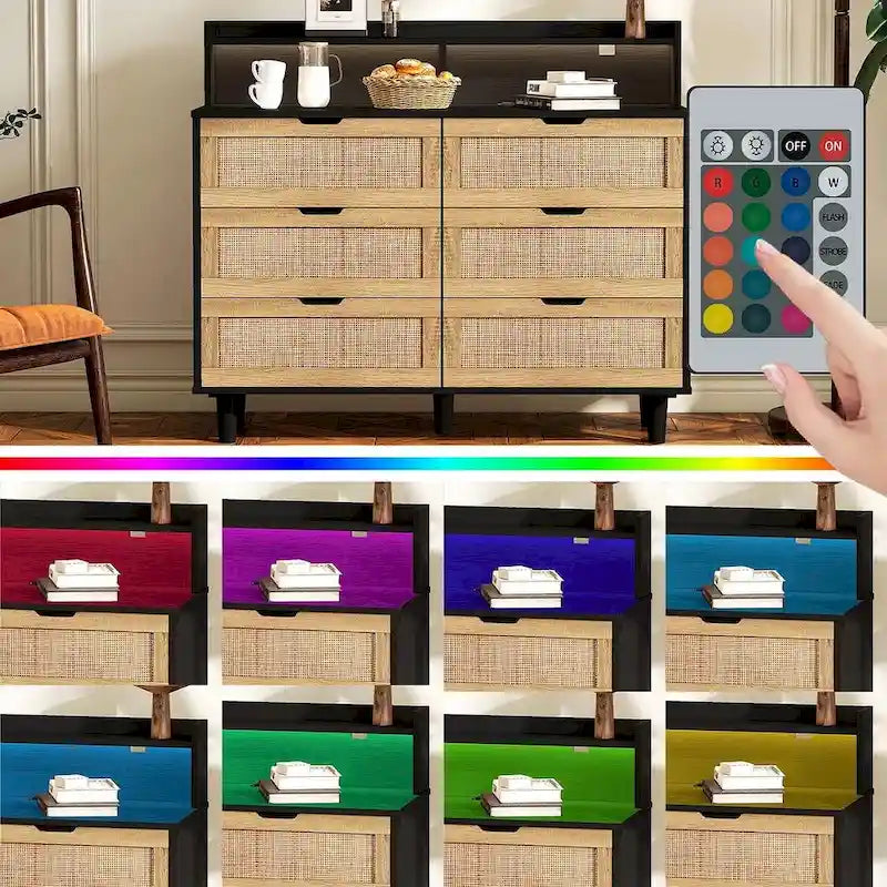 Cassettiera 6 cassetti in Rattan Naturale/Bianco/Nero con LED e Presa di Corrente, Singola