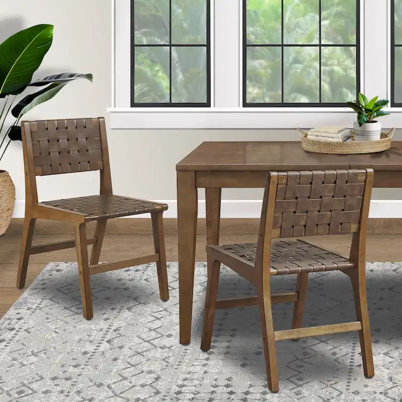 Sedia da pranzo in similpelle marrone intrecciata, set da 2
