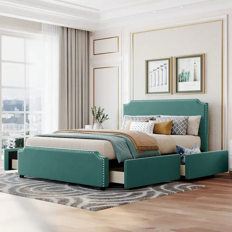 Letto Queen imbottito con contenitore e borchie – Blu/Beige/Grigio/Verde, adatto per 2