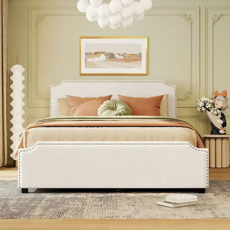Letto Queen imbottito con contenitore e borchie – Blu/Beige/Grigio/Verde, adatto per 2