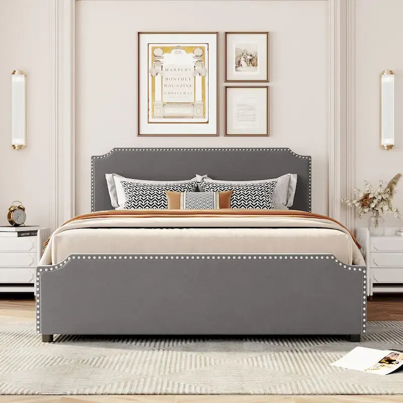 Letto Queen imbottito con contenitore e borchie – Blu/Beige/Grigio/Verde, adatto per 2