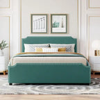 Letto Queen imbottito con contenitore e borchie – Blu/Beige/Grigio/Verde, adatto per 2