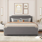 Letto Queen imbottito con contenitore e borchie – Blu/Beige/Grigio/Verde, adatto per 2