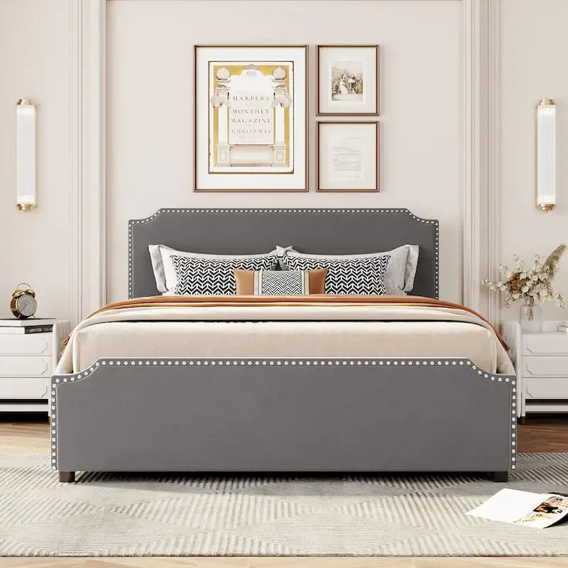 Letto Queen imbottito con contenitore e borchie – Blu/Beige/Grigio/Verde, adatto per 2