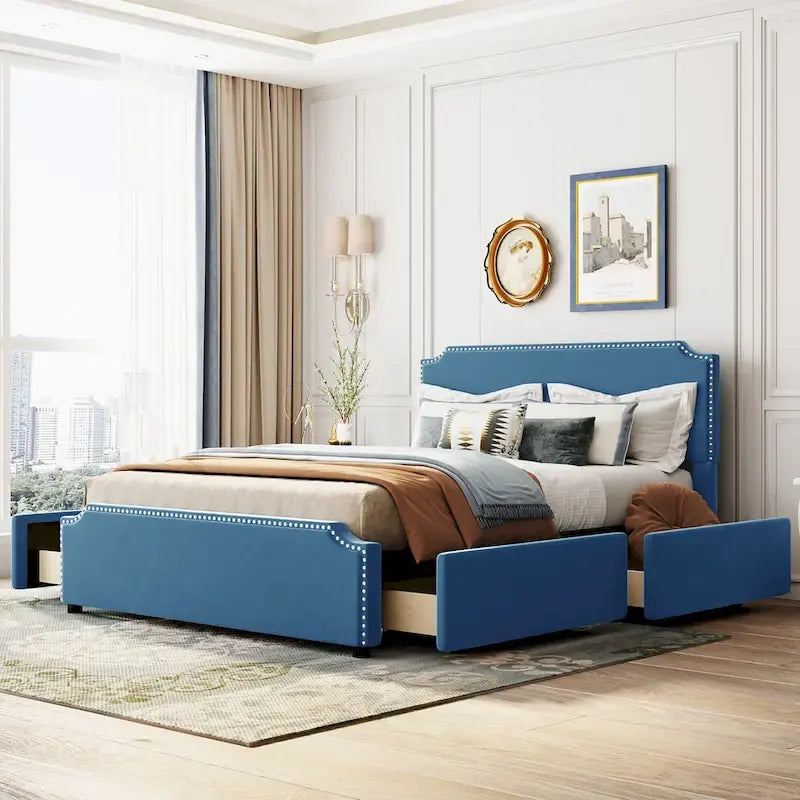 Letto Queen imbottito con contenitore e borchie – Blu/Beige/Grigio/Verde, adatto per 2