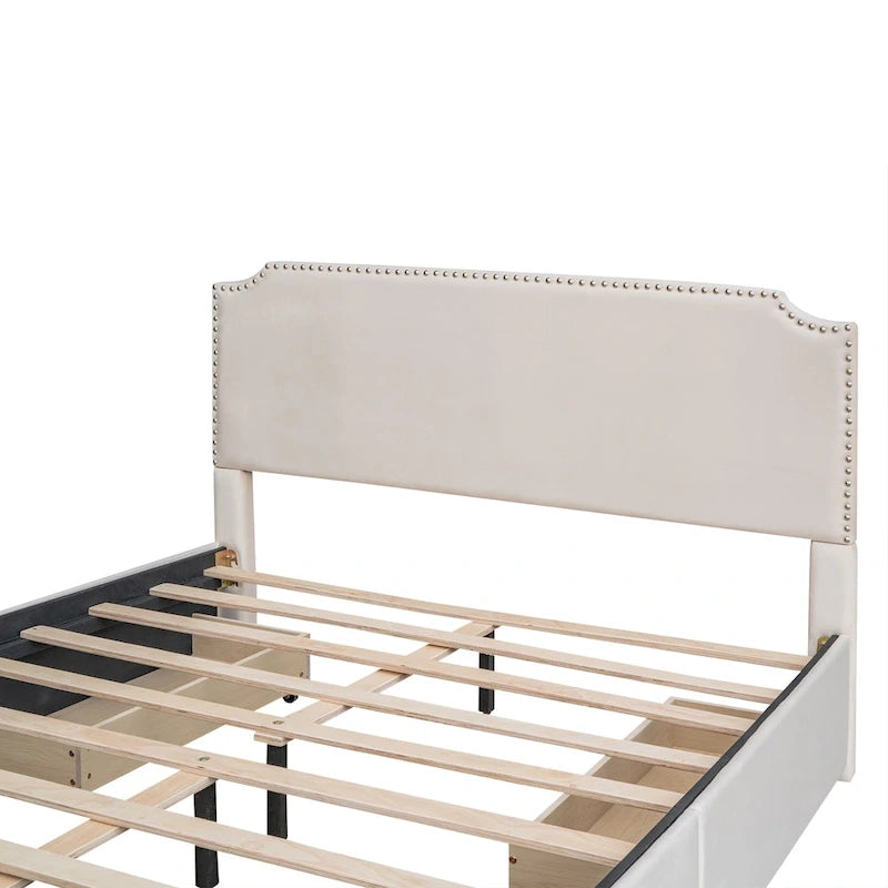 Letto Queen imbottito con contenitore e borchie – Blu/Beige/Grigio/Verde, adatto per 2