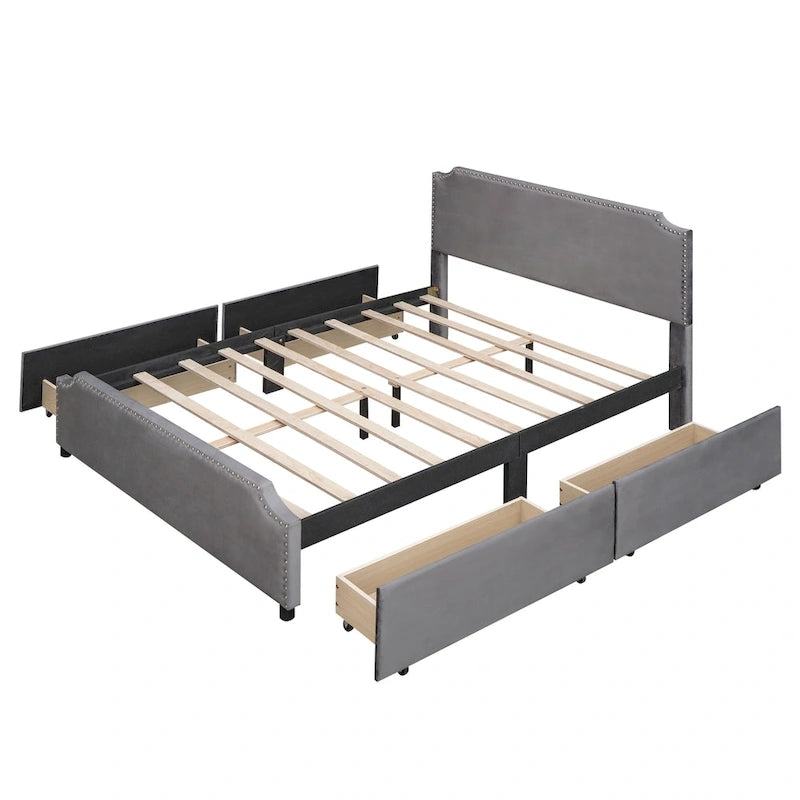 Letto Queen imbottito con contenitore e borchie – Blu/Beige/Grigio/Verde, adatto per 2