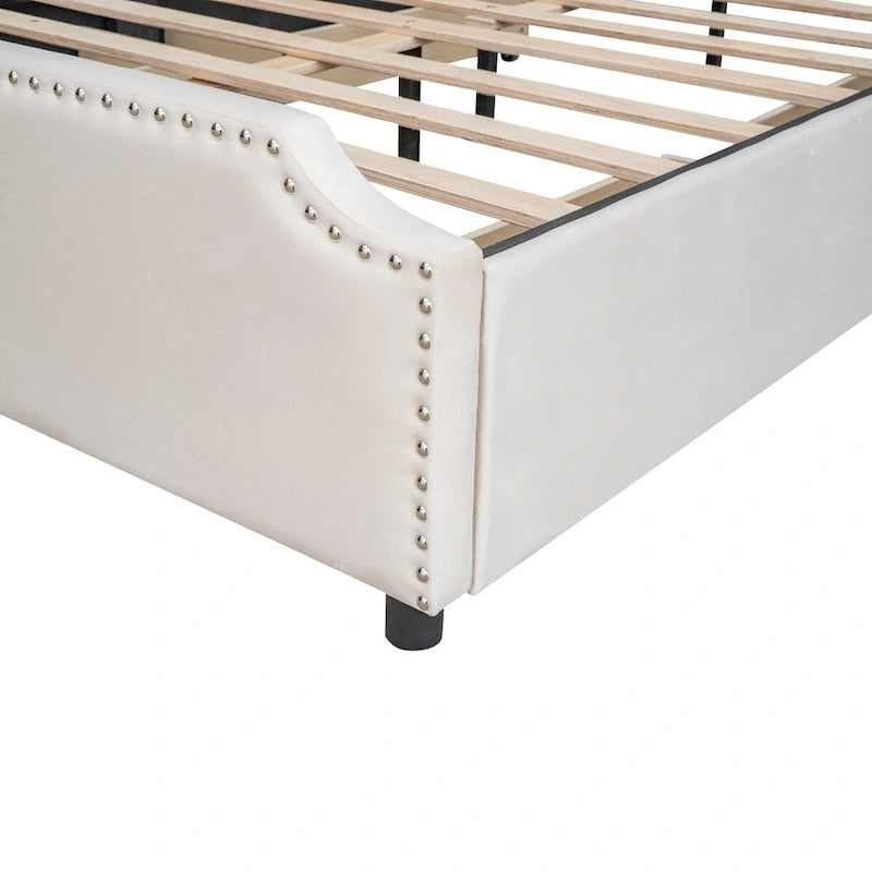Letto Queen imbottito con contenitore e borchie – Blu/Beige/Grigio/Verde, adatto per 2
