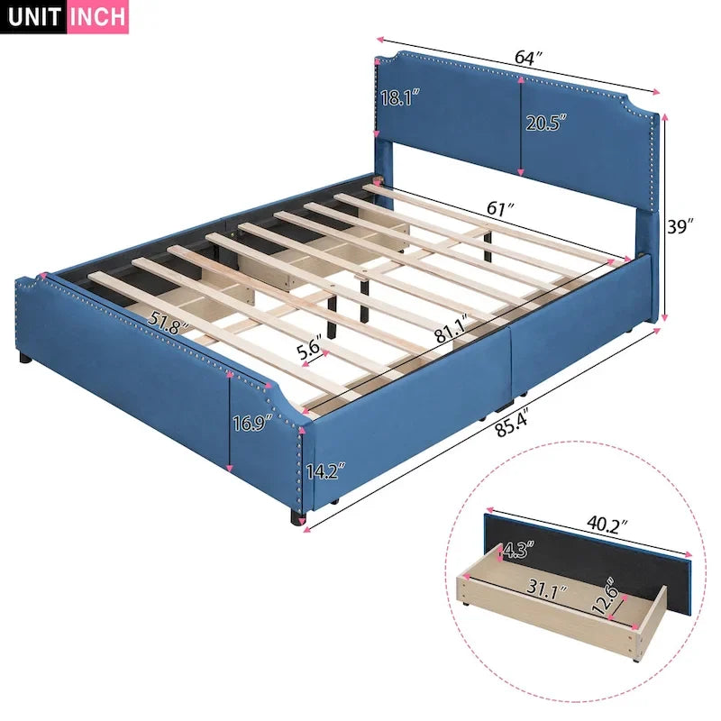 Letto Queen imbottito con contenitore e borchie – Blu/Beige/Grigio/Verde, adatto per 2
