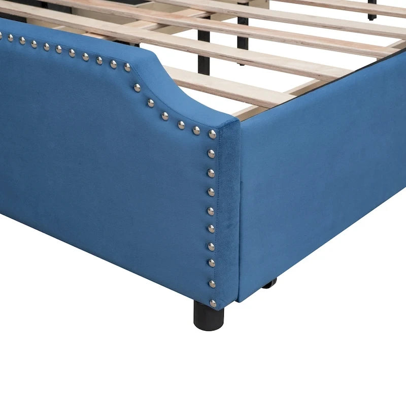 Letto Queen imbottito con contenitore e borchie – Blu/Beige/Grigio/Verde, adatto per 2
