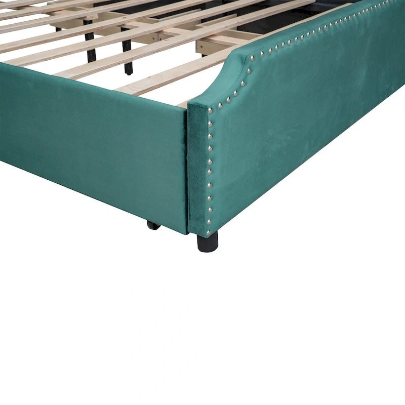 Letto Queen imbottito con contenitore e borchie – Blu/Beige/Grigio/Verde, adatto per 2