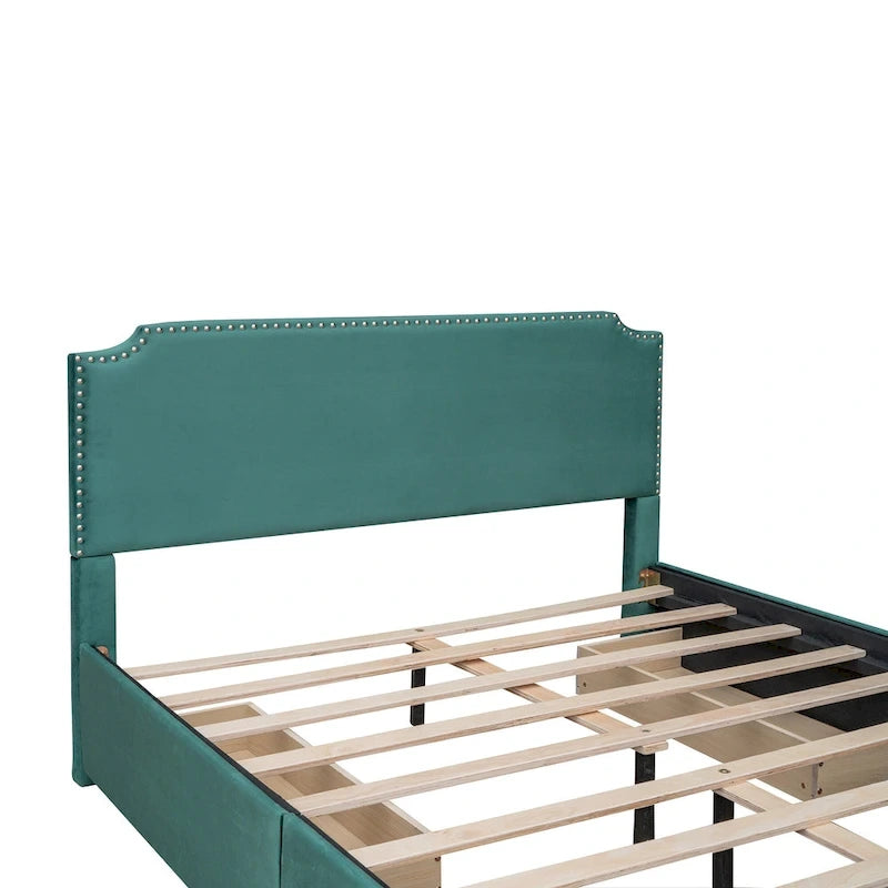 Letto Queen imbottito con contenitore e borchie – Blu/Beige/Grigio/Verde, adatto per 2