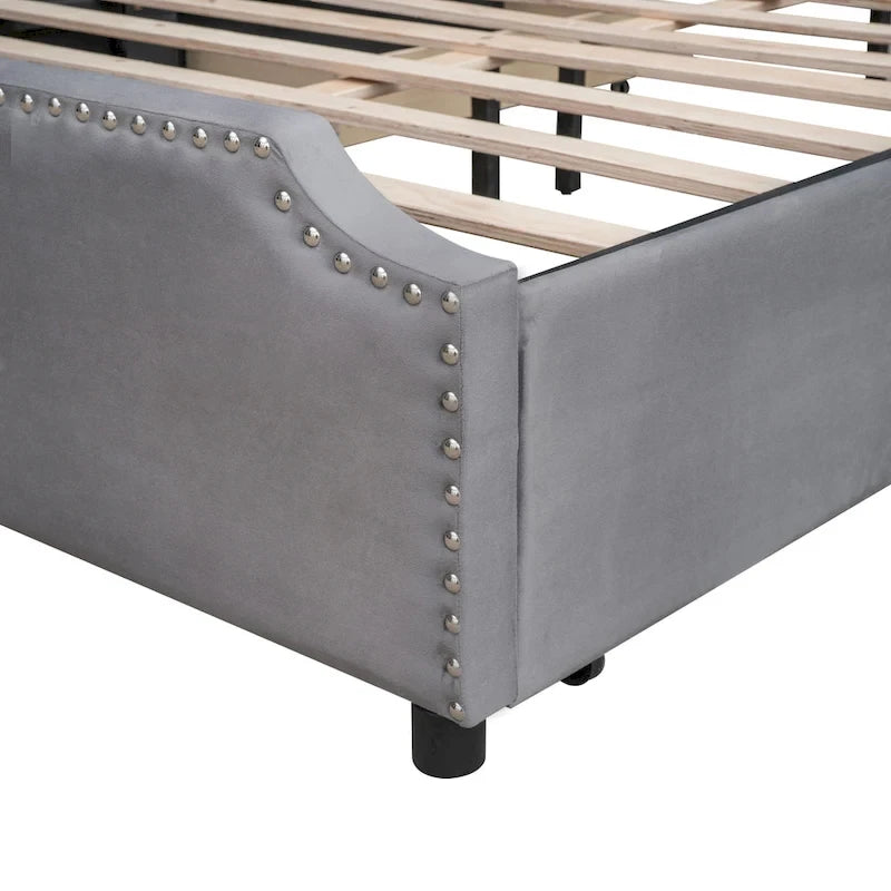 Letto Queen imbottito con contenitore e borchie – Blu/Beige/Grigio/Verde, adatto per 2