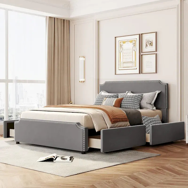 Letto Queen imbottito con contenitore e borchie – Blu/Beige/Grigio/Verde, adatto per 2