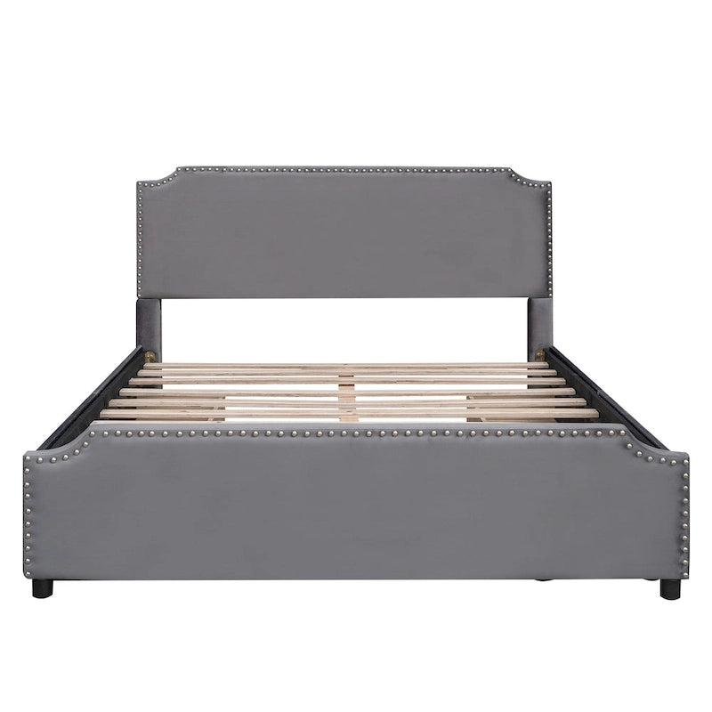 Letto Queen imbottito con contenitore e borchie – Blu/Beige/Grigio/Verde, adatto per 2