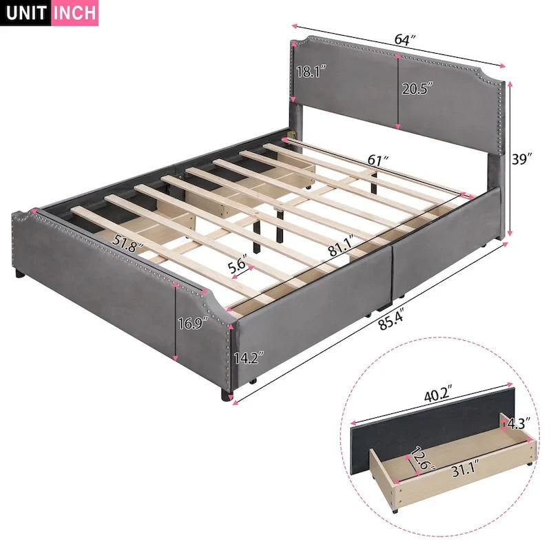 Letto Queen imbottito con contenitore e borchie – Blu/Beige/Grigio/Verde, adatto per 2