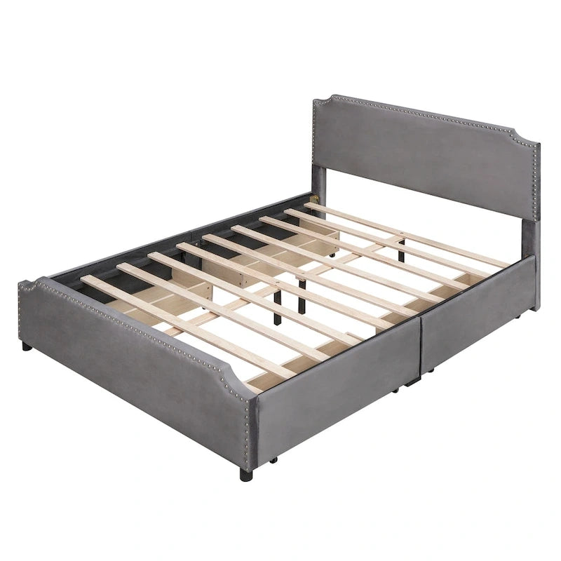 Letto Queen imbottito con contenitore e borchie – Blu/Beige/Grigio/Verde, adatto per 2