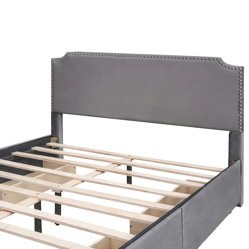 Letto Queen imbottito con contenitore e borchie – Blu/Beige/Grigio/Verde, adatto per 2