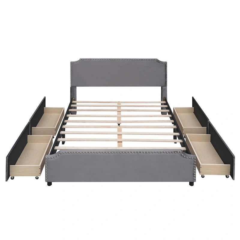 Letto Queen imbottito con contenitore e borchie – Blu/Beige/Grigio/Verde, adatto per 2