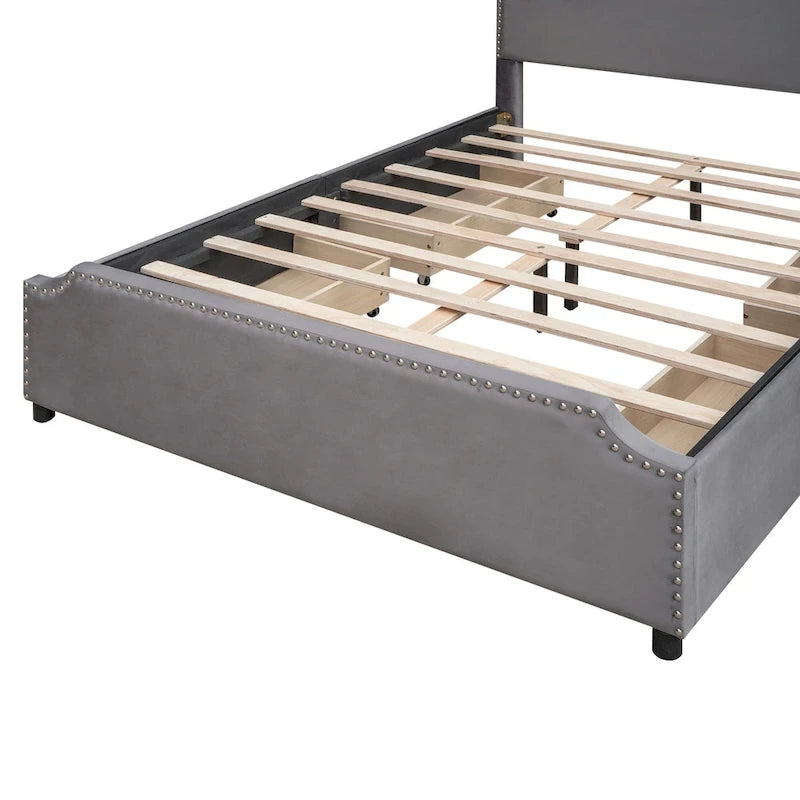 Letto Queen imbottito con contenitore e borchie – Blu/Beige/Grigio/Verde, adatto per 2