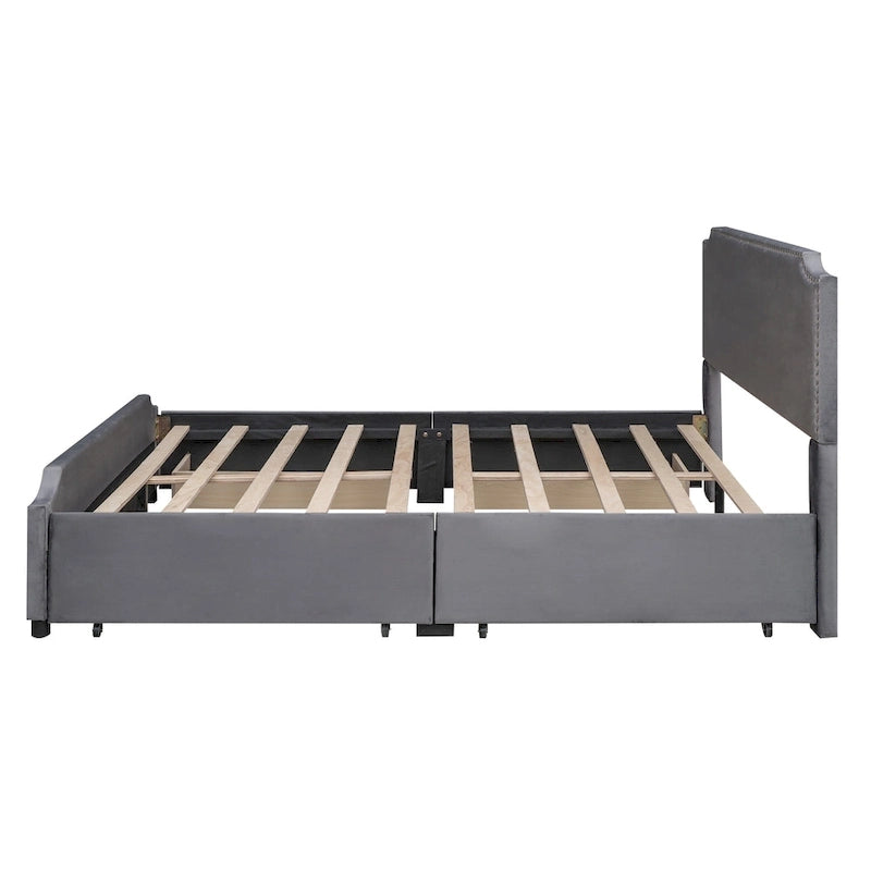 Letto Queen imbottito con contenitore e borchie – Blu/Beige/Grigio/Verde, adatto per 2