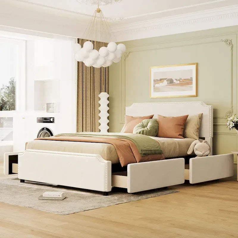 Letto Queen imbottito con contenitore e borchie – Blu/Beige/Grigio/Verde, adatto per 2