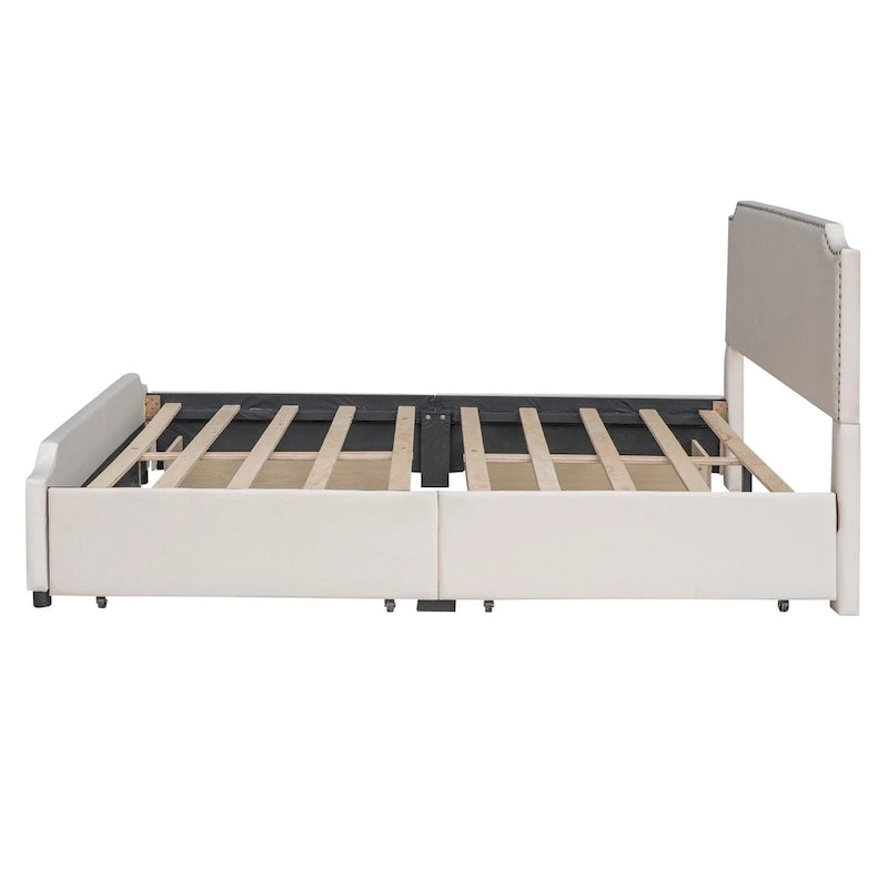 Letto Queen imbottito con contenitore e borchie – Blu/Beige/Grigio/Verde, adatto per 2