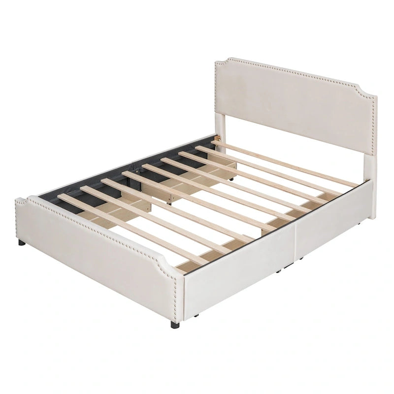 Letto Queen imbottito con contenitore e borchie – Blu/Beige/Grigio/Verde, adatto per 2