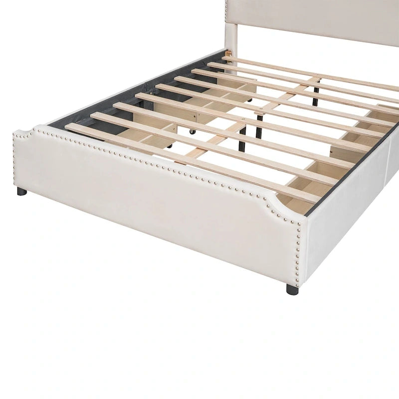 Letto Queen imbottito con contenitore e borchie – Blu/Beige/Grigio/Verde, adatto per 2