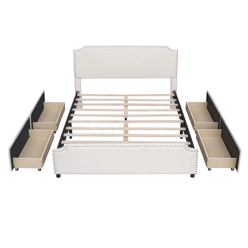 Letto Queen imbottito con contenitore e borchie – Blu/Beige/Grigio/Verde, adatto per 2