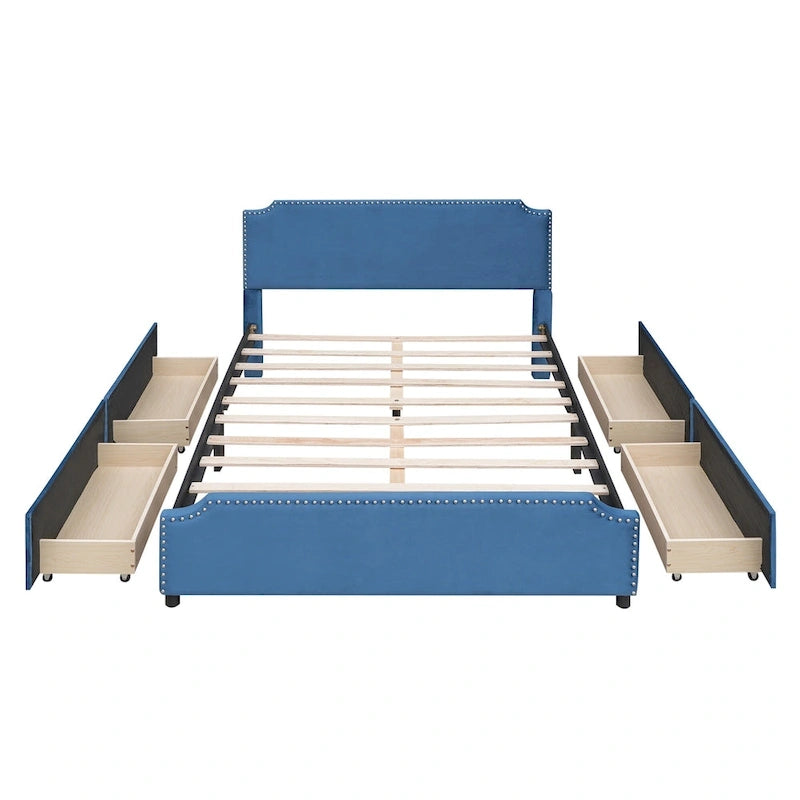 Letto Queen imbottito con contenitore e borchie – Blu/Beige/Grigio/Verde, adatto per 2