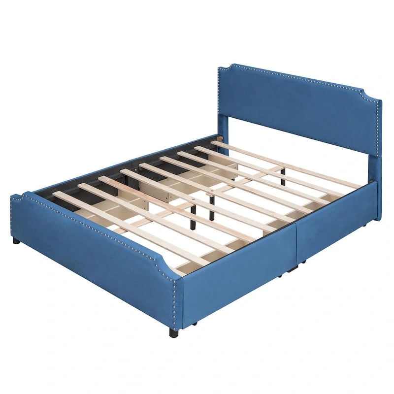 Letto Queen imbottito con contenitore e borchie – Blu/Beige/Grigio/Verde, adatto per 2