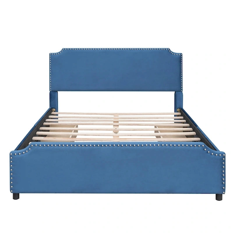 Letto Queen imbottito con contenitore e borchie – Blu/Beige/Grigio/Verde, adatto per 2