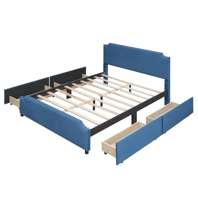 Letto Queen imbottito con contenitore e borchie – Blu/Beige/Grigio/Verde, adatto per 2