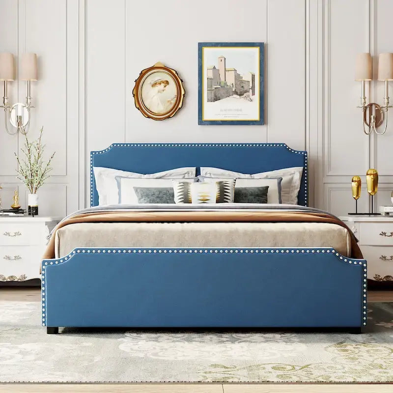 Letto Queen imbottito con contenitore e borchie – Blu/Beige/Grigio/Verde, adatto per 2