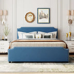 Letto Queen imbottito con contenitore e borchie – Blu/Beige/Grigio/Verde, adatto per 2
