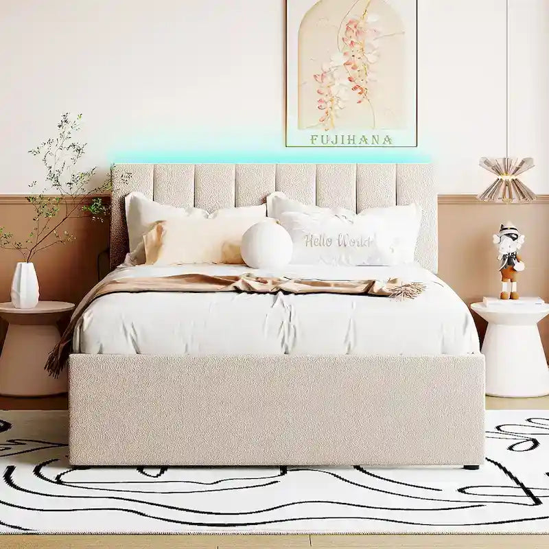 Letto imbottito con piattaforma a righe beige/grigio con letto estraibile – Matrimoniale francese/Matrimoniale, 2 posti letto