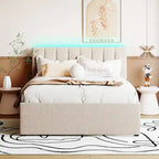 Letto imbottito con piattaforma a righe beige/grigio con letto estraibile – Matrimoniale francese/Matrimoniale, 2 posti letto