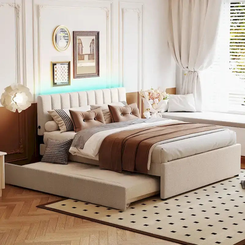 Letto imbottito con piattaforma a righe beige/grigio con letto estraibile – Matrimoniale francese/Matrimoniale, 2 posti letto