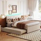 Letto imbottito con piattaforma a righe beige/grigio con letto estraibile – Matrimoniale francese/Matrimoniale, 2 posti letto