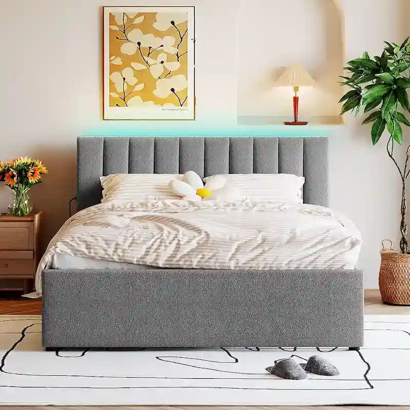 Letto imbottito con piattaforma a righe beige/grigio con letto estraibile – Matrimoniale francese/Matrimoniale, 2 posti letto
