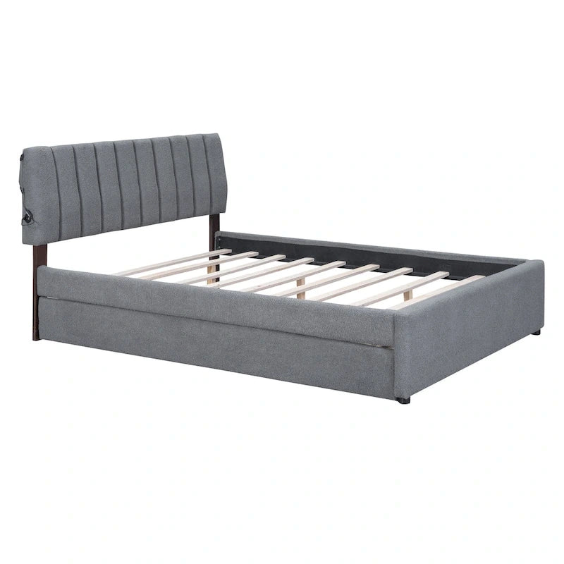 Letto imbottito con piattaforma a righe beige/grigio con letto estraibile – Matrimoniale francese/Matrimoniale, 2 posti letto