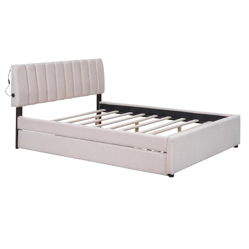 Letto imbottito con piattaforma a righe beige/grigio con letto estraibile – Matrimoniale francese/Matrimoniale, 2 posti letto